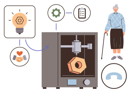 3D printer creating a custom device alongside icons for ideas, gears, agreement, elderly woman with cane. Ideal for innovation, technology, healthcare, inclusion, senior care design inventionのイラスト素材