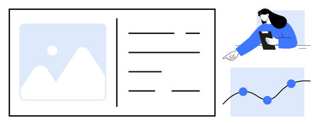 Image placeholder, list layout, professional presenting woman with clipboard, and growth trend...