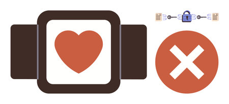 Smartwatch with heart icon, red cross symbol, and blockchain globe padlock. Ideal for health monitoring, wearable tech, data security, privacy, encryption healthcare digital trust. Simple flatのイラスト素材