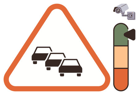 Three cars in a triangular warning sign, surveillance camera above, and risk level indicator. Ideal for road safety, traffic management, urban planning, accident prevention, public warningsのイラスト素材