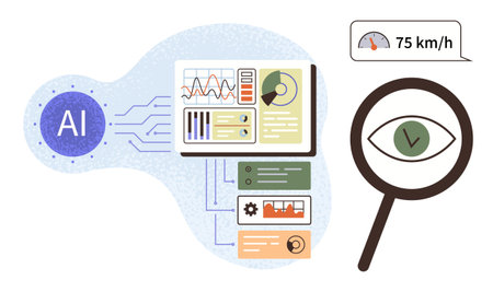 AI module analyzing data with dashboards, graphs, and speed metrics. Magnifying glass highlighting insights. Ideal for technology, analysis, innovation, automation, monitoring data visualizationのイラスト素材