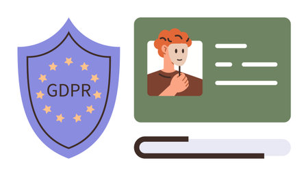 Shield labeled GDPR alongside ID card with photo and details. Ideal for data privacy, cybersecurity,...