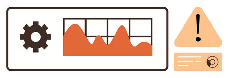 Gear next to analytics graph panel, triangle alert, and ID card element. Ideal for data monitoring, performance analysis, risk assessment, error detection, workflow management, operations trackingのイラスト素材