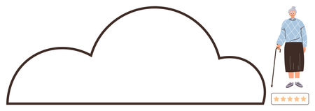 Elderly woman using cane beside a large outlined cloud shape and 5-star rating bar. Ideal for senior services, customer feedback, retirement, care, wellness, trust, abstract technology. Simple flatのイラスト素材