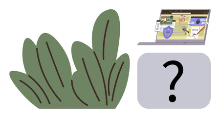 Laptop screen with cybersecurity and investigation clues, surrounded by green bushes and question mark. Ideal for data security, online privacy, mystery, investigation, technology, crime-solvingのイラスト素材