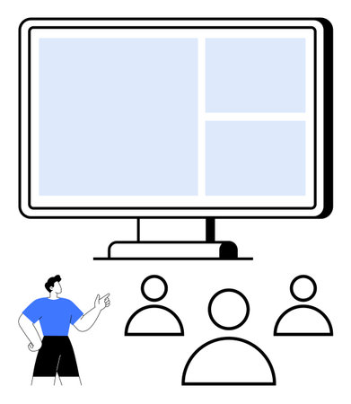 Large screen displaying grid layout presented by individual with raised hand addressing three viewers. Ideal for teaching, training, collaboration, technology, presentations, communication, abstractのイラスト素材