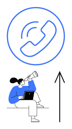 Woman sitting with laptop while holding telescope, looking at phone call icon. Upward arrow beside her. Ideal for business communication planning, career growth, innovation, technology, visionのイラスト素材
