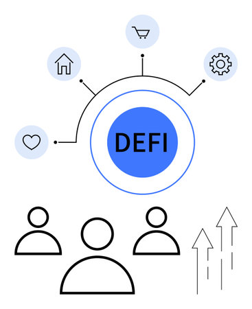 Central DEFI circle with connected icons for home, shopping, gear, heart outlined user figures and upward arrows. Ideal for finance, tech, blockchain, decentralization, innovation user interactionのイラスト素材