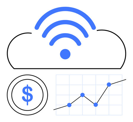 Cloud with wireless signal, dollar coin, and growth chart highlighting connectivity, finance, and analytics. Ideal for technology, investments, growth, economy cloud services online paymentsのイラスト素材