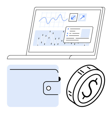 Laptop screen with charts and data, blue wallet, and coin with dollar sign. Ideal for finance, technology, e-commerce, budgeting, investment banking digital economy. Abstract line flat metaphorのイラスト素材