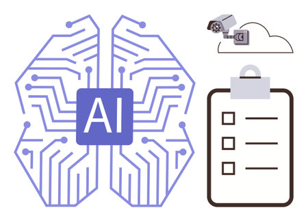 AI brain with circuitry, cloud surveillance camera, and checklist symbolizing artificial intelligence, technology, data analysis, innovation, security, automation, and decision-making in a simpleのイラスト素材