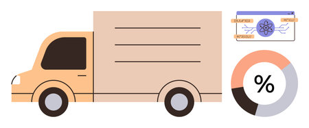 Cargo truck accompanied by a pie chart, percentage symbol, and a schematic data card. Ideal for transport, logistics, analytics, business statistics, delivery overview, freight management simpleのイラスト素材