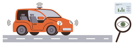 Orange self-driving car with sensors, road markings, magnifying glass with eye icon, and data chart. Ideal for technology, innovation, AI, automation transportation safety research. Simple flatのイラスト素材