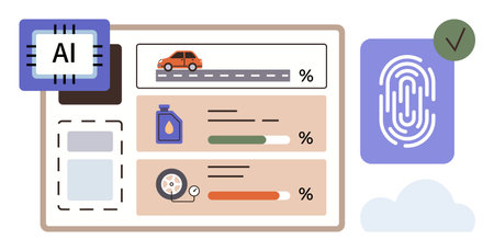 AI chip, car diagnostics charts showing fuel, tire, and mileage stats. Fingerprint authentication, cloud integration. Ideal for AI, vehicle monitoring, tech innovation cloud security IoT digitalのイラスト素材