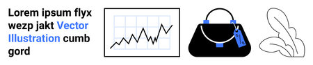 Business chart with upward trend, handbag with sale tag, and abstract plant leaves. Ideal for retail, e-commerce, business growth, fashion, sales promotion, marketing strategies flat landing pageのイラスト素材