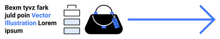 Black handbag with blue tags beside a blue right arrow and stacked horizontal bars. Ideal for fashion, e-commerce, travel, shopping, logistics, navigation, flat landing page bannerのイラスト素材