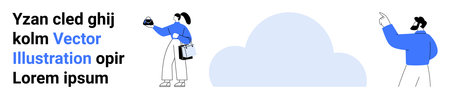 Minimalist characters interacting with cloud technology. Woman holding a tablet, man pointing, cloud...