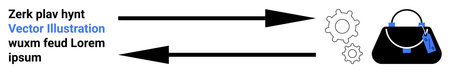Two bold arrows connecting settings gears and a handbag signify process, communication, or workflow in fashion or technology. Ideal for teamwork, process illustration, e-commerce, innovationのイラスト素材