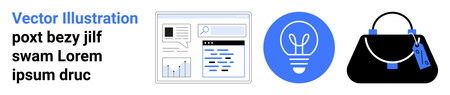 Web dashboard with charts, glowing lightbulb for ideas, and stylish handbag. Ideal for business, fashion, innovation, technology, creativity e-commerce marketing. Flat landing page bannerのイラスト素材