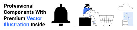 Notification bell, woman using smartphone near shopping cart, cloud upload icon, and database. Ideal for technology, e-commerce, digital tools, user experience, cloud services data storage flatのイラスト素材