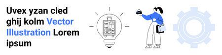 Woman holding a small object, light bulb with innovation visuals, and gear symbol of teamwork and technology. Ideal for innovation, teamwork, business strategy, creativity, tech design, projectのイラスト素材