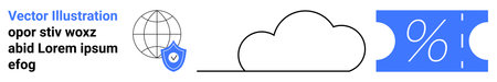 Globe with shield, cloud shape, and discount ticket percentage mark. Ideal for cybersecurity, cloud computing, data protection, e-commerce, global access, online transactions abstract line flatのイラスト素材