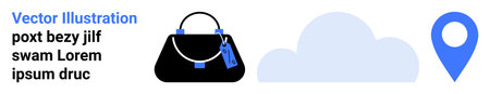 Black handbag with blue tags, abstract blue cloud, and location pin. Ideal for fashion, travel, shopping, navigation, lifestyle, e-commerce and branding flat landing page bannerのイラスト素材