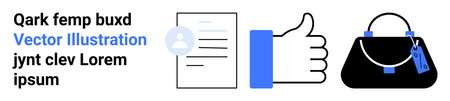 User profile beside a document, thumbs up for agreement, and handbag as a product choice. Ideal for decision-making, preferences, e-commerce, user engagement, feedback, personalization flat landingのイラスト素材