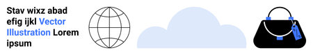 Abstract globe outline, fluffy cloud shape, black handbag with blue accents beside placeholder text. Ideal for digital marketing, fashion, e-commerce, travel, branding, cloud services flat landingのイラスト素材