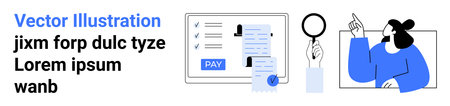 Payment checklist with documents, magnifying glass, and person explaining concepts. Ideal for finance, transactions, auditing, compliance, consultation, decision-making abstract line flat metaphorのイラスト素材