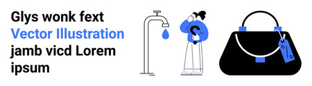 Woman contemplating next to a dripping faucet, accompanied by a black handbag. Ideal for water conservation, decision-making, lifestyle, shopping, sustainability, resource awareness, flat landingのイラスト素材