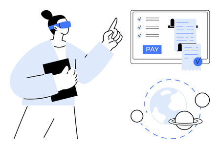 Business professional uses interactive digital screen for payments. Floating checklist, receipt, and global icons. Ideal for fintech, technology, digital payments, global business, innovation futureのイラスト素材