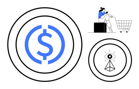 Coin with blue dollar sign, person with shopping cart, geometric eye outline. Ideal for finance, e-commerce, digital currency, surveillance, security economy modern technology. An abstract lineのイラスト素材