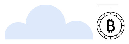 Soft blue cloud icon alongside black Bitcoin symbol within a circle. Ideal for cryptocurrency, cloud storage, finance, technology services, online security, digital transactions, data managementのイラスト素材