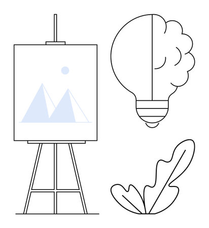 Easel with mountain art, lightbulb with brain, and single leaf. Ideal for creativity, innovation, education, insights, nature inspiration minimalism. Abstract line flat metaphorのイラスト素材