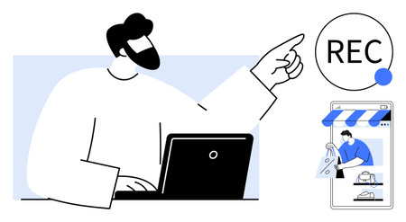Person with laptop pointing to REC bubble, screen showing online store, shopping cart, storefront. Ideal for e-commerce, online shopping, digital marketing, tutorials, webinars content creationのイラスト素材