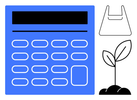 Large blue calculator, outlined shopping bag, small sprouting plant in soil. Ideal for environmental awareness, sustainable practices, consumer impact, eco-friendly choices, waste reductionのイラスト素材