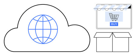Cloud icon with globe representing global network, online store with shopping cart and buy button, open delivery box. Ideal for e-commerce, logistics, online retail, cloud services, global tradeのイラスト素材