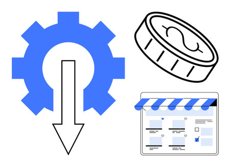 Gear with downward arrow symbolizes cost reduction coin represents savings, and online store interface highlights e-commerce. Ideal for budgeting, savings, e-commerce, efficiency, online businessのイラスト素材