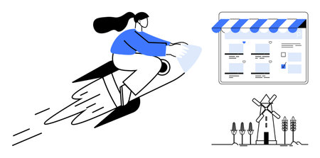 Woman riding a rocket towards an e-commerce website, signifying rapid business expansion. Ideal for innovation, growth, e-commerce, technology, speed, entrepreneurship success. Simple abstract lineのイラスト素材