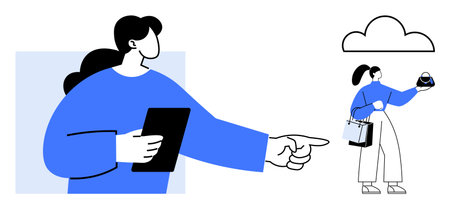 Two people, one holding a tablet and pointing, the other holding shopping bags and a purse, with a cloud above. Ideal for e-commerce, technology, communication, guidance, teamwork digitalのイラスト素材