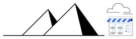 Black and white pyramids with adjacent cloud above a blue-stripped online storefront. Ideal for e-commerce, technology, online business, internet services, digital transformation, global marketのイラスト素材