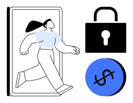 Woman steps out of a smartphone beside a locked padlock and a blue dollar sign. Ideal for concepts of digital security, e-commerce, financial technology, cybersecurity, online privacy, mobile appsのイラスト素材