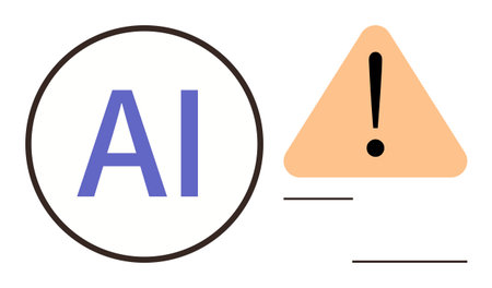 Bold AI inside circle paired with triangle and exclamation mark. Ideal for technology caution, artificial intelligence risks, warnings, software ethics, robotics safety, digital systems concernのイラスト素材