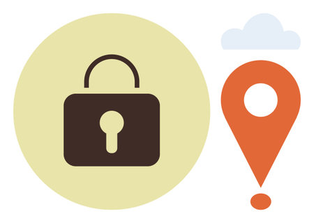 Lock icon on a yellow circle next to orange location pin under a cloud. Ideal for privacy, security, geolocation, protection, navigation, technology, cyber safety. Simple flat metaphorのイラスト素材