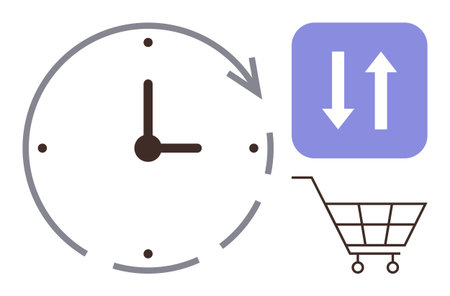 Clock with circular arrow, minimal shopping cart, and exchange symbol. Ideal for time management, e-commerce, delivery process, retail efficiency, scheduling, optimization simple flat metaphorのイラスト素材