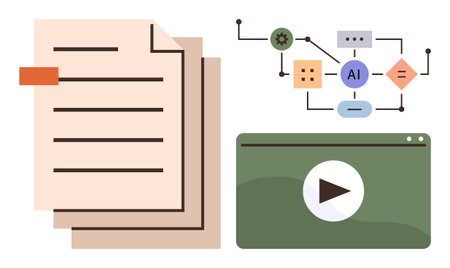 Documents, flowchart with AI connection and video player screen. Ideal for technology, AI processes, automation, education, multimedia, workflow and innovation concepts. Simple flat metaphorのイラスト素材