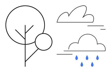 Line art of a tree with circular shapes, two clouds, and raindrops. Ideal for weather app, sustainability, climate change, nature conservation, renewable energy, minimalist decor simple landing pageのイラスト素材