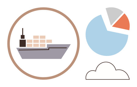 Cargo ship carrying containers in a circle frame, simple pie chart with segments, and a flat cloud outline. Ideal for logistics, shipping, trade, analytics, transportation, technology efficiencyのイラスト素材