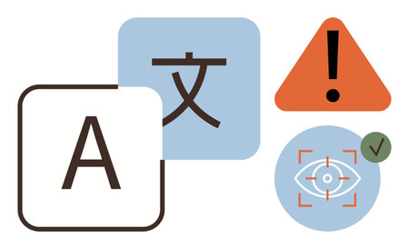 A capital A, foreign character, exclamation mark in triangle, and eye icon with check mark. Ideal for language translation, recognition, error alert, text processing, accessibility validationのイラスト素材